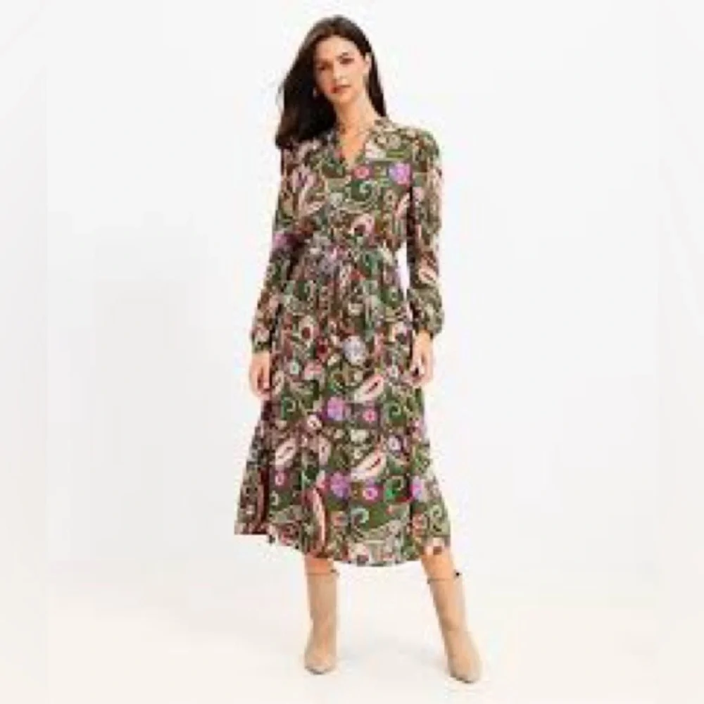 LOFT Olive Floral Patterned Dress PM